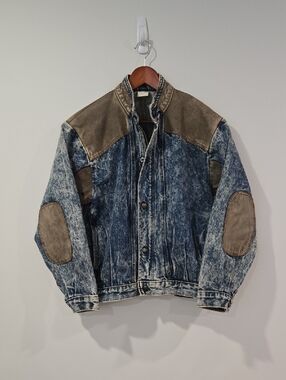 Retro 80's Acid Wash Denim Jacket with Brown Leather Accents